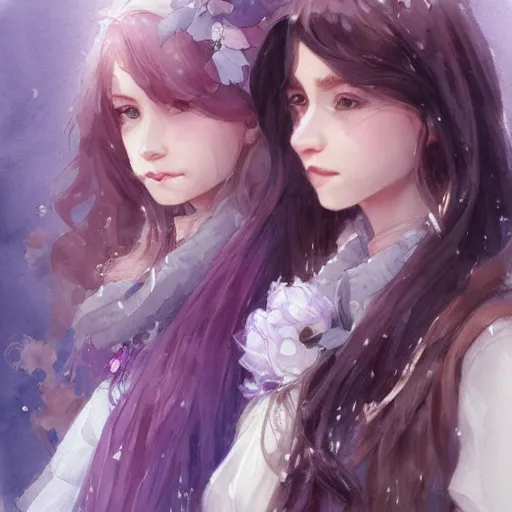 Image similar to a highly detailed portrait of sisters with purpure very very long hair, There are large snow-white peonies in the background, artstation, watercolor, highly detailed, portrait, by krenz cushart