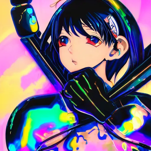 Image similar to : extremely beautiful photo of a black marble statue of an anime girl with colorful skateboard logos and helmet with closed visor, colorful hyperbolic background, fine art, neon genesis evangelion, virgil abloh, offwhite, denoise, highly detailed, 8 k, hyperreal