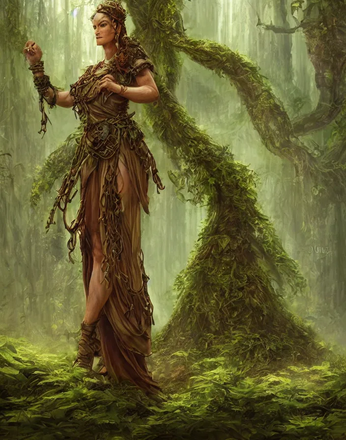 Prompt: a woman tree druid with fern clothing, fully clothed, two arms, standing in front of a sprawling forest temple, D&D, fantasy, intricate, cinematic lighting, highly detailed, digital painting, artstation, concept art, smooth, sharp focus, illustration, art by Justin Gerard