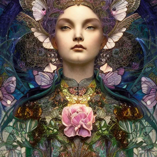 Image similar to absolutely beautiful empress, intricate, elegant, hyper detailed, finely detailed beautiful angelic symmetry face delicate, smooth, sharp focus, award - winning, masterpiece, in bloom greenhouse, shining light came in through the window, style of tom bagshaw, cedric peyravernay, peter mohrbacher, louis comfort tiffany, victo ngai, 4 k hd illustrative wallpaper