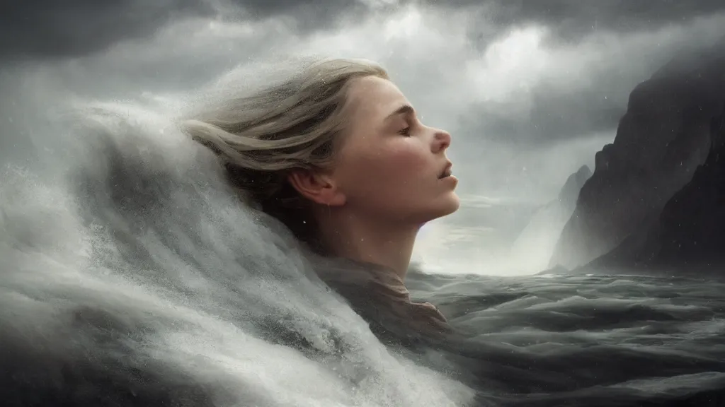 Image similar to mage, norway fjord, extreme close up portrait, hudson river school, max rive, stormy seas, white royal dress, beautiful, bokeh, gentle, female, snowy, storm clouds, god rays, extreme close up portrait, d & d, fantasy, elegant, low key color palette, concept art, roger deakins and greg rutkowski and alphonse mucha