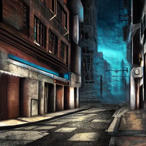 Image similar to futuristic evil city at dusk. figure is obscured by darkness with two bright, shining eyes peering out from the shadows of an alley. cgartist