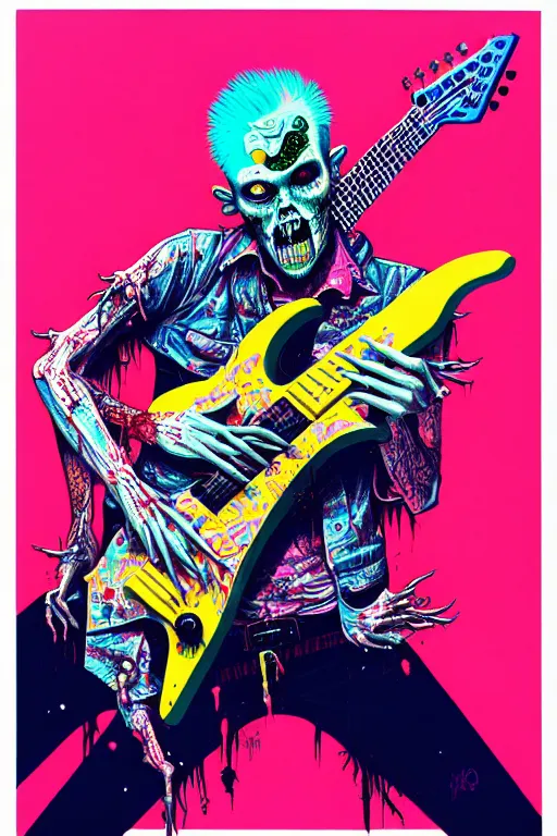 Image similar to risograph of a punk zombie playing guitar, tristan eaton, victo ngai, artgerm, rhads, ross draws, intricated details