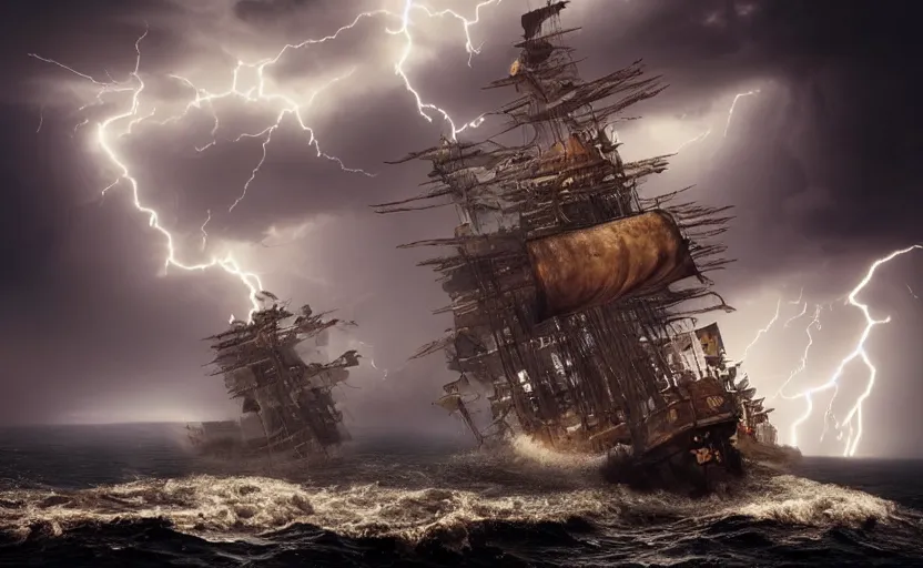 Image similar to “ a pirate ship in a treacherous lightning storm being attacked by a colossal seamonster, by igor morski, by peter morbacher, by robert hubert, rendered in octane, 8 k resolution, photorealistic, realistic shadows, trending on artstation ”