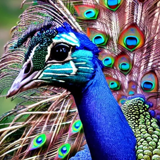 Prompt: photo of a hybrid between a peacock and a horse