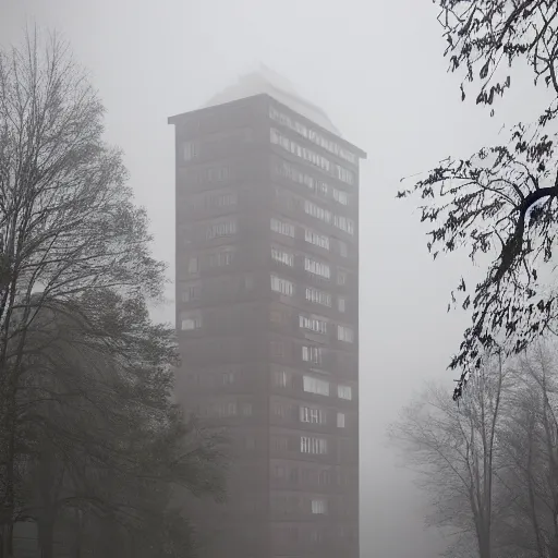 Image similar to tall soviet panel building in a fog, cinematic, 8k resolution, beautiful detailed, insanely intricate details