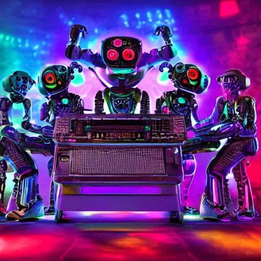 Prompt: album art, the band name is robo rock, trance music band with 3 steampunk robots on a dj desk with a cd mixer, 8 k, flourescent colors, halluzinogenic, multicolored, exaggerated detailed, front shot, 3 d render, octane