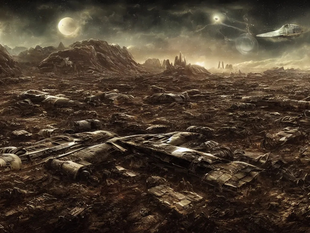 Prompt: spaceship graveyard on a barren land of rocky planet; dark atmosphere, hyperrealistic, 4K wallpaper, highly detailed, dramatic lighting, beautiful