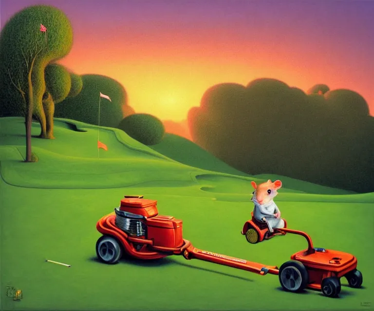 Image similar to hyper detailed 3d render like a Oil painting - a cartoon gerbil riding a lawnmower across a golf course at dawn, by Jacek Yerka, Mariusz Lewandowski, Houdini algorithmic generative render, Abstract brush strokes, Masterpiece, Edward Hopper and James Gilleard, Zdzislaw Beksinski, Mark Ryden, Wolfgang Lettl, hints of Yayoi Kasuma, octane render, 8k