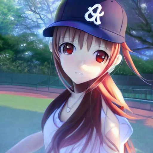 Image similar to this is the most beautiful anime girl playing baseball in the most beautiful artwork of the most beautiful girl playing baseball!, artstation!! pixiv!!, scenery art detailed, volumetric lighting, by range murata