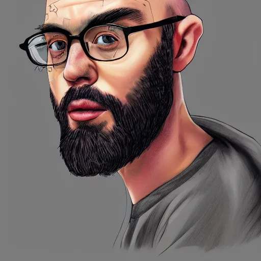 Prompt: portrait of a young, bald, bearded, and tattooed man, wearing glasses and a backwards hat, digital painting, highly detailed, trending on artstation, deviantart, behance