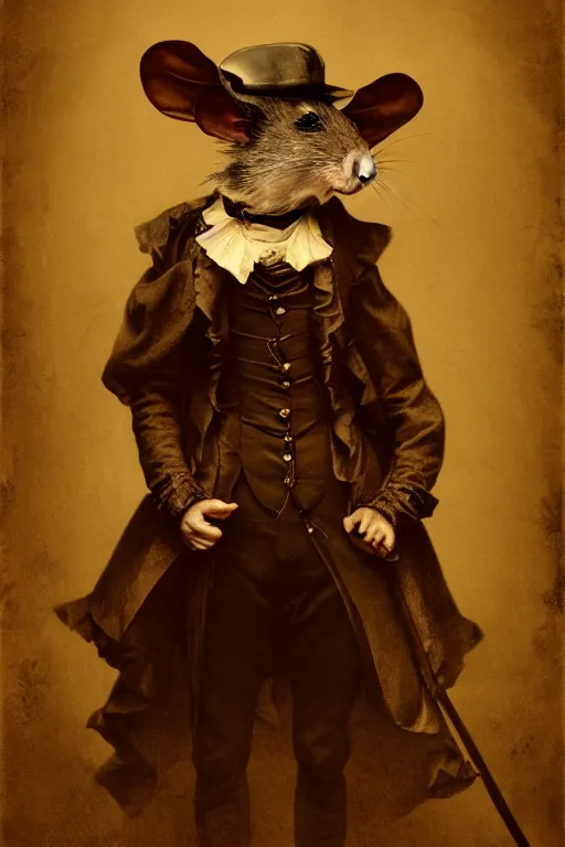 Prompt: wet plate photograph portrait of a victorian - era anthropomorphic rat dressed in a victorian - era clothing, dramatic lighting, highly detailed, digital painting, artstation, concept art, smooth, sharp focus, illustration, art by wlop, mars ravelo and greg rutkowski