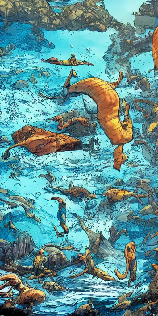 Prompt: full page comic book drawings of underwater ocean scenes, bold color palette, high contrast, by carel willink and jean giraud, comic book panels, octane render, simon bisley