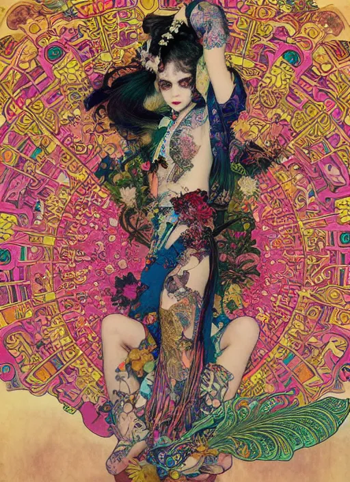 Image similar to cute punk goth fashion hippy fractal tattooed Carnival girl wearing kimono posing by Zhang Jingna, psychedelic poster art of by Victor Moscoso Rick Griffin Alphonse Mucha Gustav Klimt Ayami Kojima Amano Charlie Bowater, masterpiece