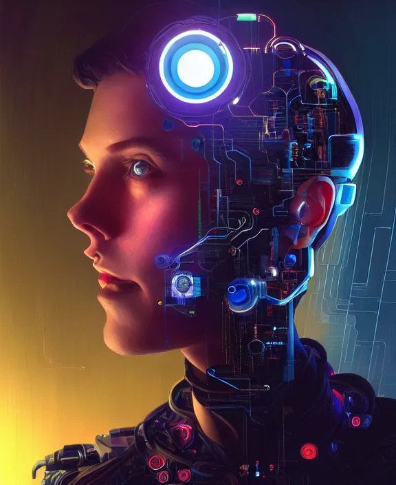 Image similar to a whirlwind inside the metaverse, guy, man, science, machine face, futuristic, hologram, half body, neurochip, android, cyborg, cyberpunk face, by loish, d & d, fantasy, intricate, elegant, highly detailed, colorful, digital painting, artstation, concept art, art by artgerm and greg rutkowski and alphonse mucha