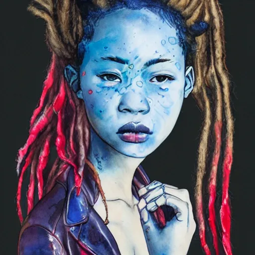 Prompt: james jean water color of a beautiful girl with dreadlock and a leather jacket