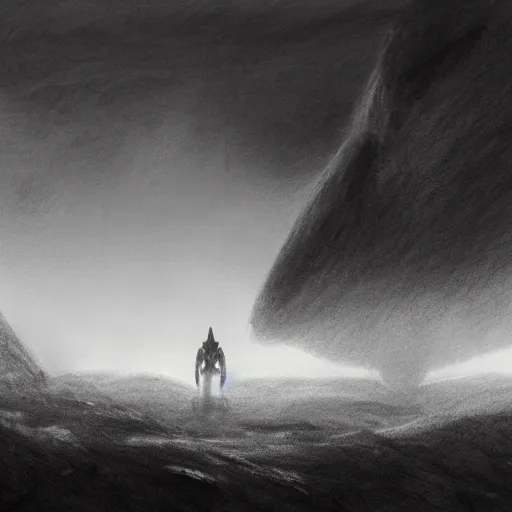 Image similar to a pencil sketch of a mech on an alien planet. moody. atmospheric. fog. cinematic