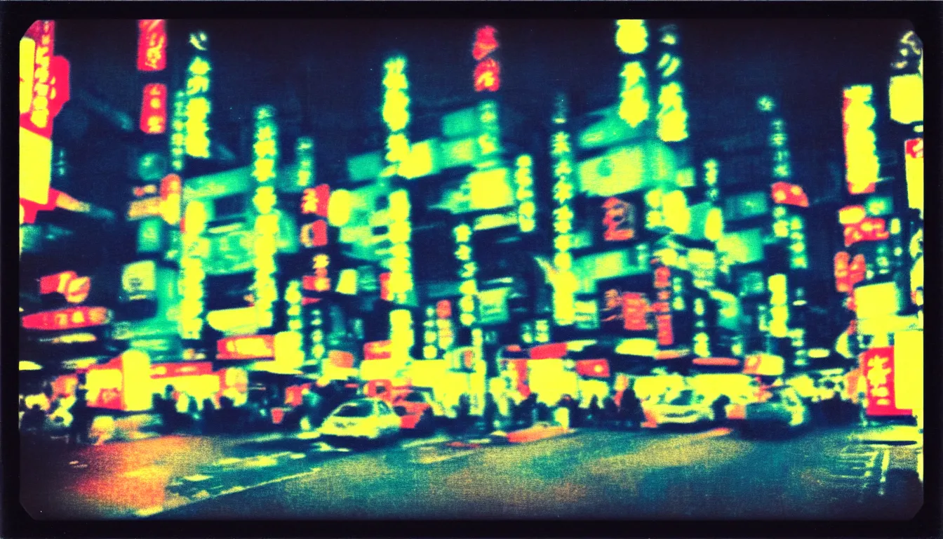 Image similar to colorful instant photograph of tokyo at night, polaroid, light leak, raw, nostalgic