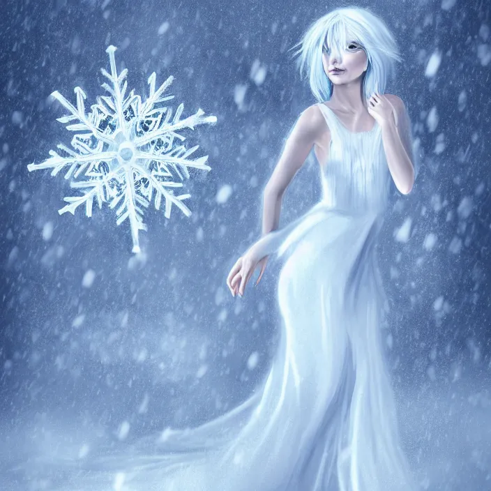 Image similar to full body portrait of a woman with pale blue hair wearing a long white dress made out of snowflake in the middle of a heavy snowstorm. she looks almost dead because of how pale she is. digital art by maromi sagi
