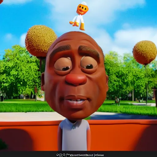 Prompt: oj simpson with orange juice head!!!!, pixar character, stage background, pixar, 3 d,