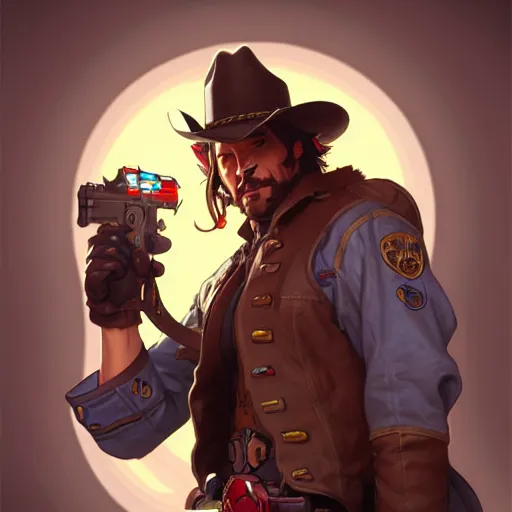 Image similar to Jesse McCree by Stanley Artgerm Lau, greg rutkowski, thomas kindkade, alphonse mucha, loish, Norman Rockwell, Overwatch, upper body, muscular, cowboy, concept art, game art, digital painting, digital art, portrait