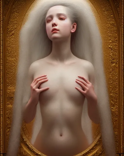 Prompt: dreamy, subsurface scattering, white, young beautiful goddess in cosmos, octane render, dino valls, mark ryden, joe fenton, michal karcz, highly detailed, rim light, art, cinematic lighting, very coherent, hyper realism, 8 k