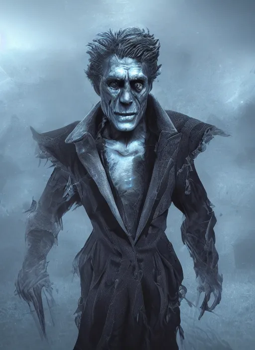 Image similar to A fantasy comic book style portrait painting of Willem Dafoe as a evil necromancer in creepy misty graveyard setting, unreal 5, DAZ, hyperrealistic, octane render, RPG portrait, dynamic lighting