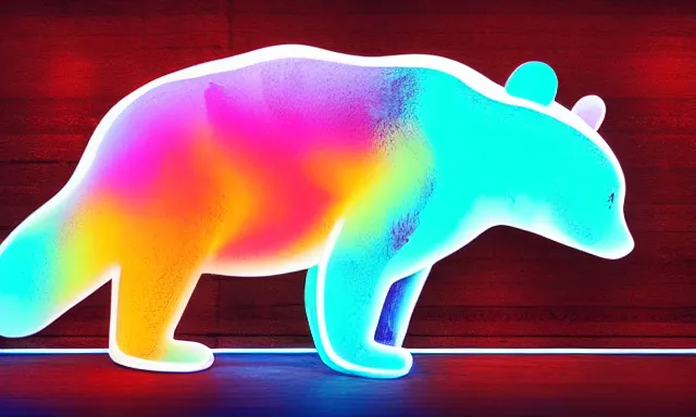 Image similar to A carved wooden bear, a poster design for a contemporary graphic design exhibition, in the style of Merijin Hos and KAWS, clean color and neon fluorescent airbrush accents typographic graphic design volumetric octane render