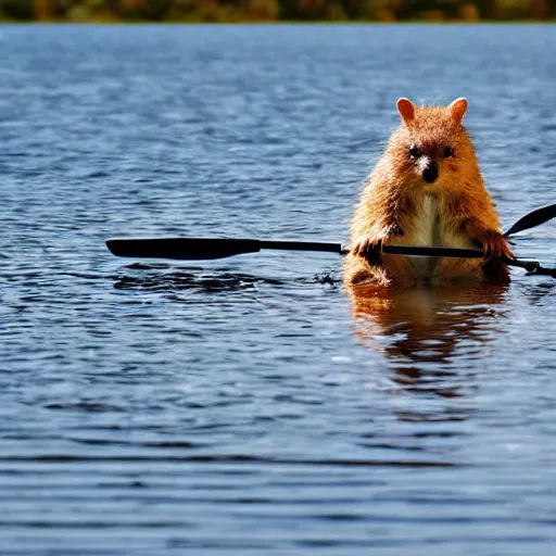 Image similar to a quokka paddling a kayak on a lake