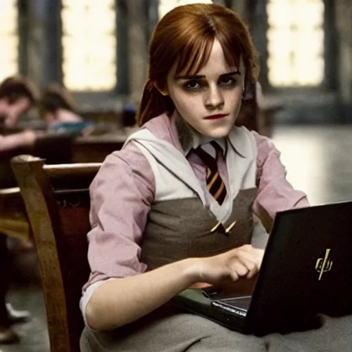 Image similar to Still from Harry Potter movies, Emma Watson using a computer during school in Hogwarts