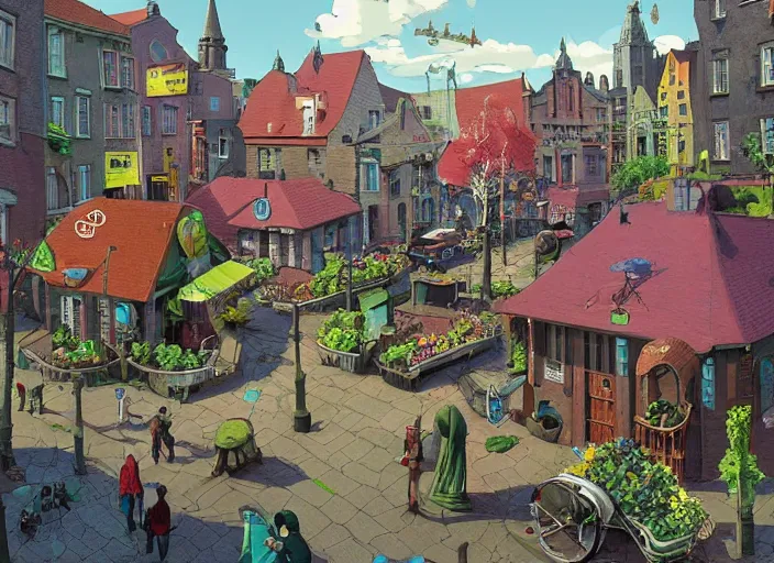 Prompt: dublin townsquare, summer morning, very coherent and colorful high contrast, art by gediminas pranckevicius, geof darrow, dark shadows, hard lighting