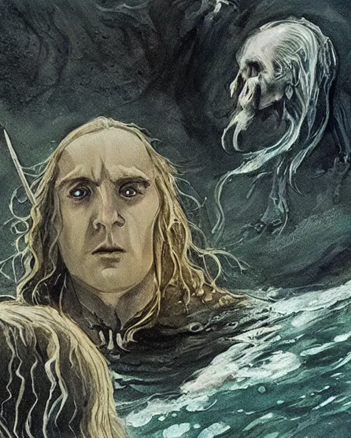 Prompt: dark deep waters in which tolkien's creations are hidden