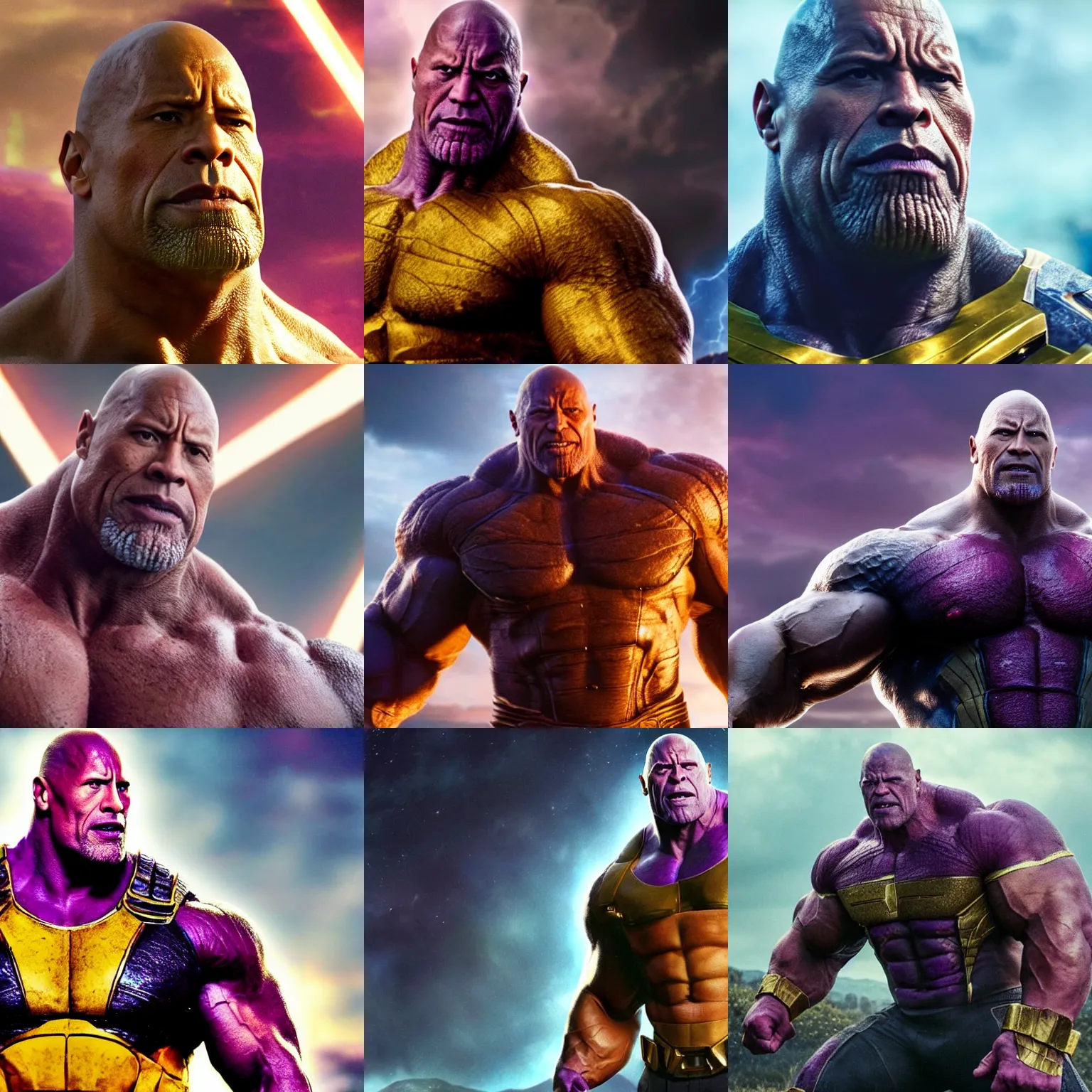 Prompt: dwayne johnson as thanos, photorealistic, cinematic shot