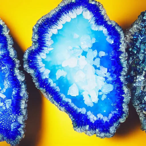 Prompt: photograph of beautiful blue and yellow crystal geode!, nikon, f 1. 8