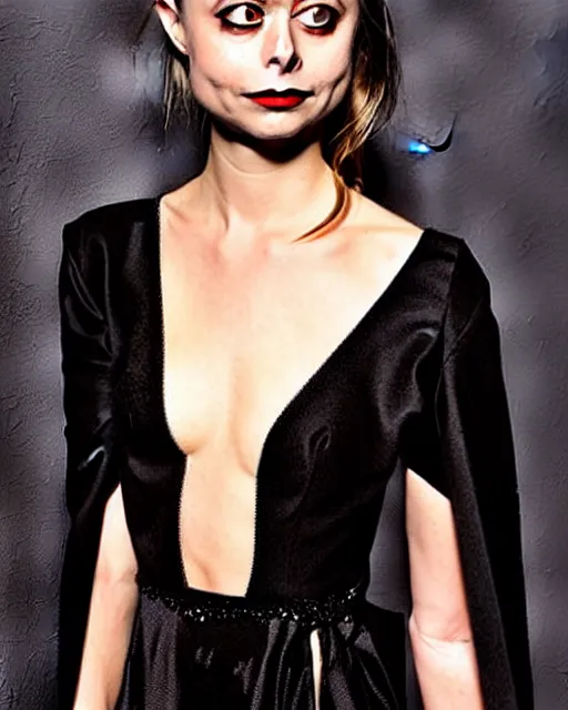 Prompt: style of dave mckean : : gorgeous willa holland : : evil witch, swirling black magic, black dress : : symmetrical face, symmetrical eyes : : full body pose : : gorgeous black hair : : magic lighting, low spacial lighting : :