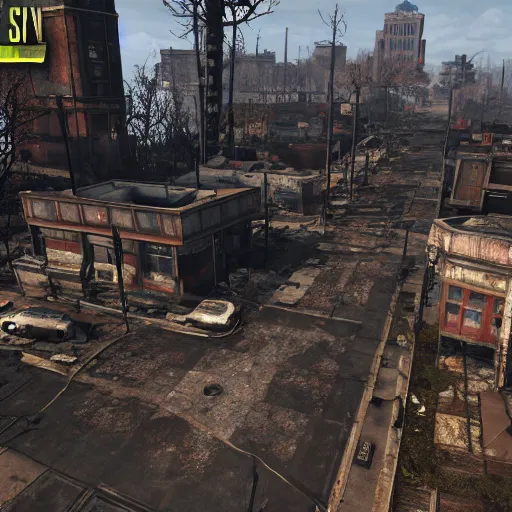 Image similar to st. louis in ruins post - nuclear war in fallout 4, in game screenshot