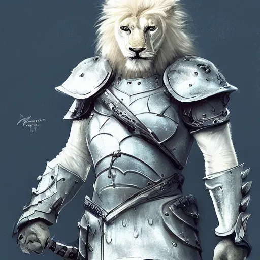 Image similar to a beautiful award winning commission of a male anthro albino lion dressed in skyrim armour,digital art,art by greg rutkowski,character design by charles bowater,ross tran,photorealistic,highly detailed,detailed face,4k,dramatic,deviantart,artstation