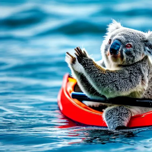 Prompt: koala bear smoking in a kayak dressed as a ninja