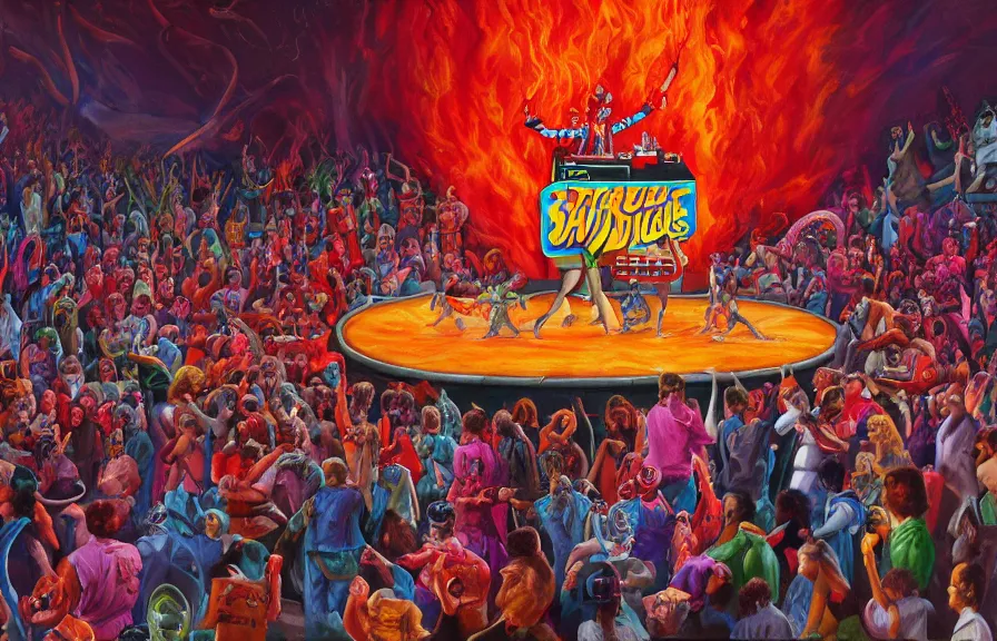 Prompt: A retro 1980s game show being hosted by Satan wearing a colorful suit at center-stage, in front of a live studio audience of cheering demons and strange creatures in the bleachers, in the middle of a cavernous firey molten landscape of Hell, oil on canvas, painting, cohesive, realistic, trending on Artstation, 4k, wide shot