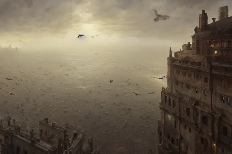 Image similar to people FLYING ON BIRDS, over the ocean, towards a GIGANTIC wall, protecting the city from black mist, cinematic, greg rutkowski, detailed, intricate