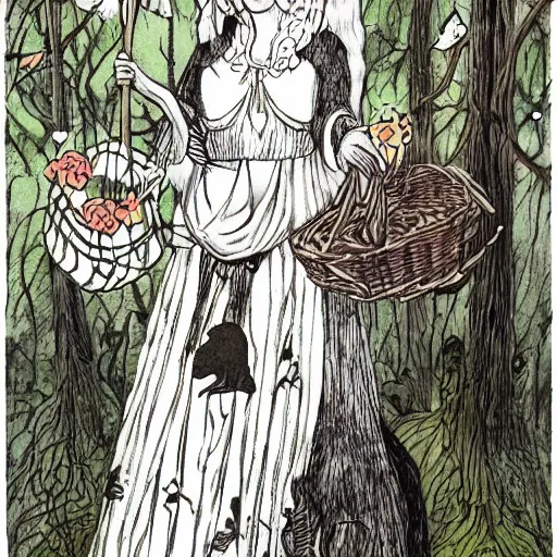 Prompt: In the conceptual art Vasilisa can be seen standing in the forest, surrounded by animals. She is holding a basket of flowers in one hand and a spindle in the other. Her face is turned towards the viewer, with a gentle expression. In the background, the forest is depicted as a dark and mysterious place. light, face paint by Junji Ito