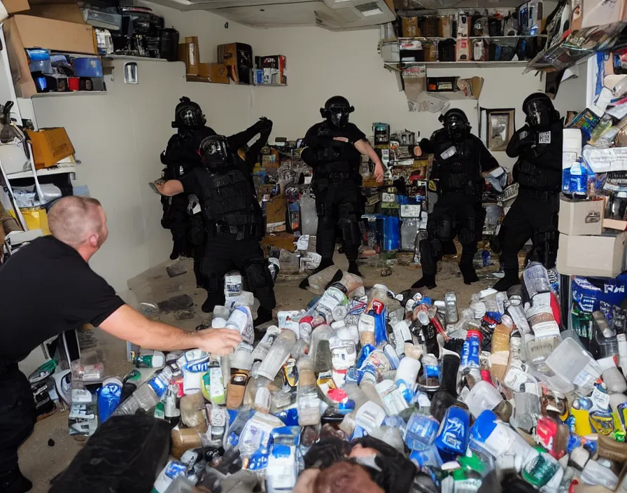 Prompt: Alex Jones in his garage office, surrounded by boxes of herbal supplements and trash, a group of SWAT police kicking in the door, tear gas and smoke, detailed photograph high quality