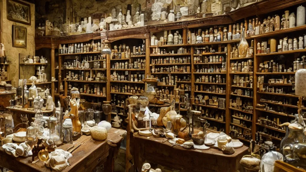 Image similar to 12th century apothecary shop, film still from the movie directed by Denis Villeneuve with art direction by Salvador Dalí, wide lens