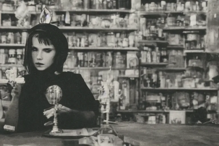 Prompt: polaroid 1 9 8 0's photo, close up portrait, dramatic lighting, concentration, calm confident teen witch and her cat reading tarot card, incense smoke fills the air, a witch hat and cape, ingredients on the table, apothecary shelves in the background, still from harry potter