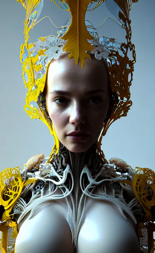 Prompt: intricate hyper detailed ultra sharp 3 d render of a beautiful smooth porcelain seductive cyborg woman portrait, medium shot portrait, bright light, alexandre ferra mecha, haute couture deeply cyberpunk art nouveau huge white fractal mycelum and fungi head ornaments, big embroidered leaves filigree spreaded roots, yellow infrared, octane render, volumetric cinematic lighting, 8 k, vray tracing