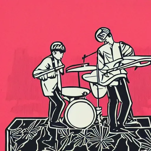 Image similar to a linocut engraving of yellow magic orchestra playing a concert