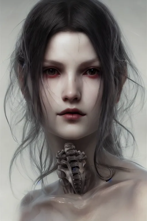 Prompt: close up portrait, beautiful vampire, translucent skin with skeleton inside, lit though skin, by ruan jia and artgerm and range murata and wlop and ross tran and william - adolphe bouguereau and beeple. realistic hair fantasy illustration. award winning, artstation, intricate details, realistic, hyper detailed 8 k resolution