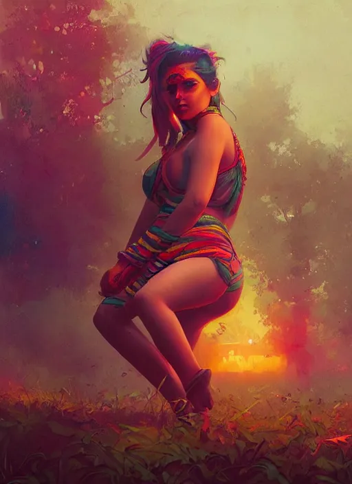 Image similar to hyper realistic photography of festival warrior curvy goa girl saturated colors, cinematic, greg rutkowski, juan gimenez