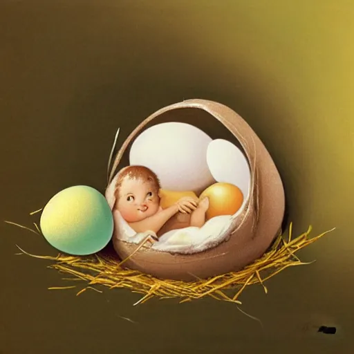 Image similar to concept art of a baby corgi emerging from an egg in a nest, anne geddes