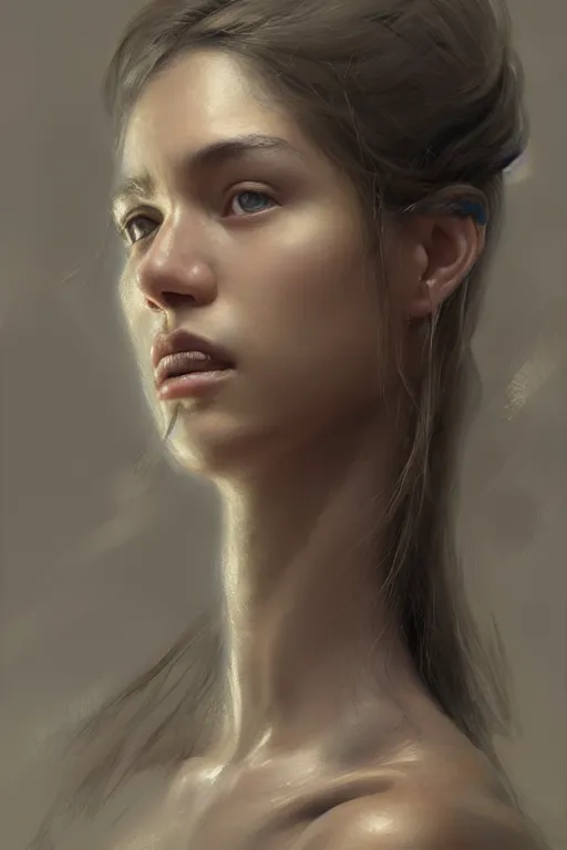 Image similar to a photorealistic painting of an attractive young girl, partially clothed in battle armor, olive skin, long dark hair, beautiful bone structure, symmetrical face, perfect eyes, intricate, elegant, digital painting, concept art, illustration, sharp focus, minimal artifacts, from Metal Gear, in the style of Ruan Jia and Mandy Jurgens, by Greg Rutkowski, trending on Artstation, award winning